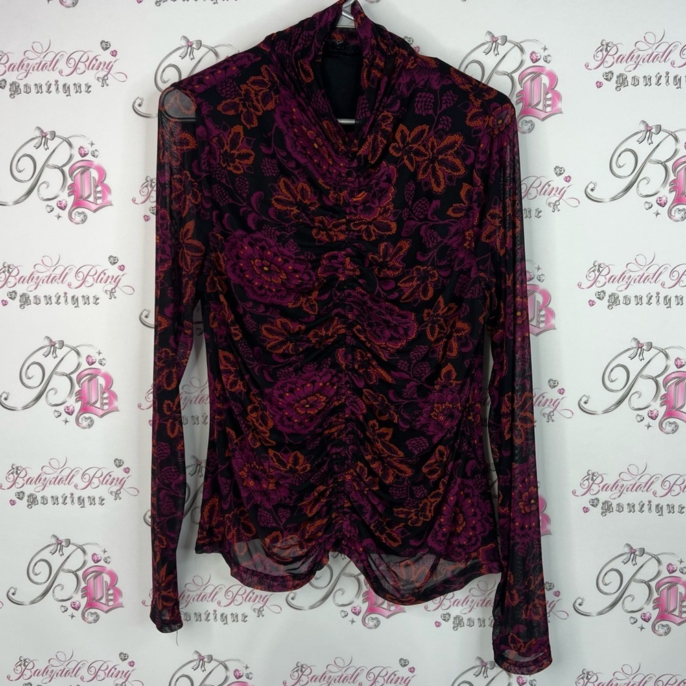 Jane delancey long sleeve mesh ruched pink orange Chic Floral Blouse top